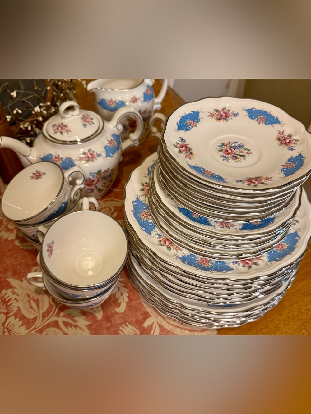 Classic Floral Porcelain Tea Set - Blue and Pink Pattern